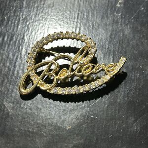 Vintage Gold Tone Christmas "BELIEVE" Rhinestone Brooch
